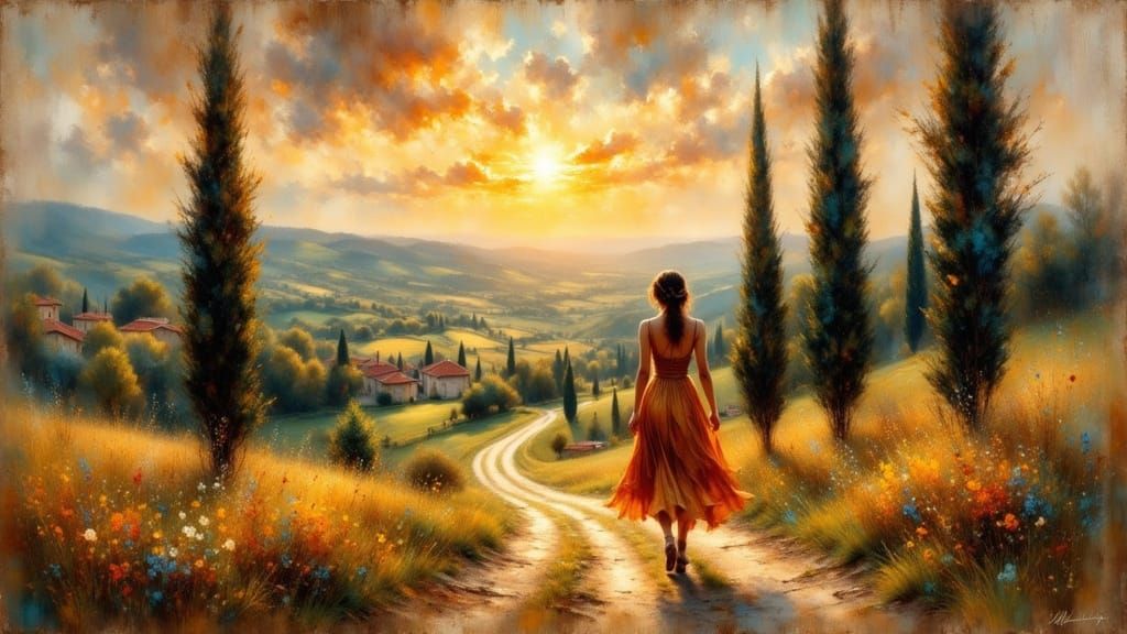 Tuscan Sunset: Woman Walks Past Abbey in Impasto Oil Style