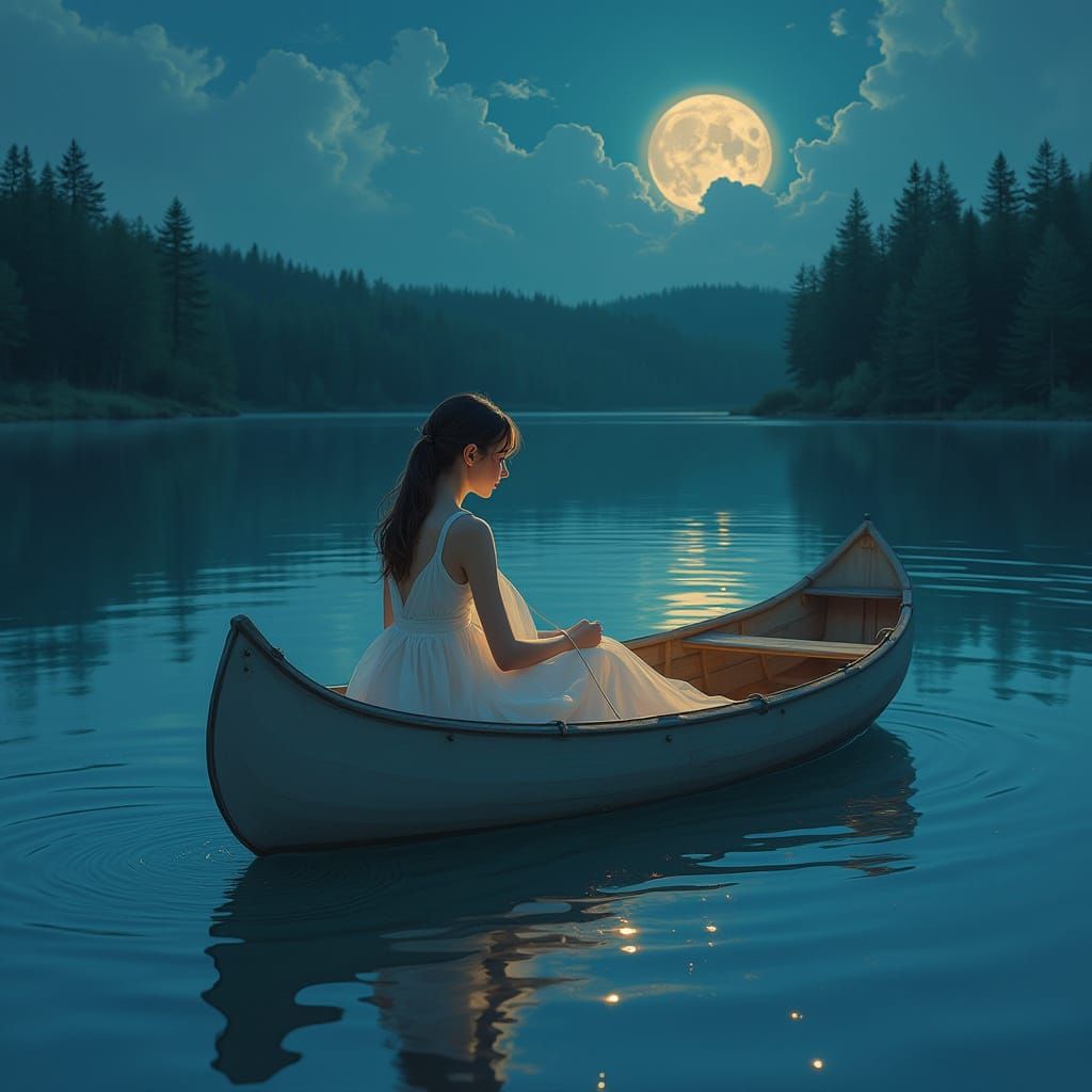 Moonlit Canoe Scene in Dreamy Art Style