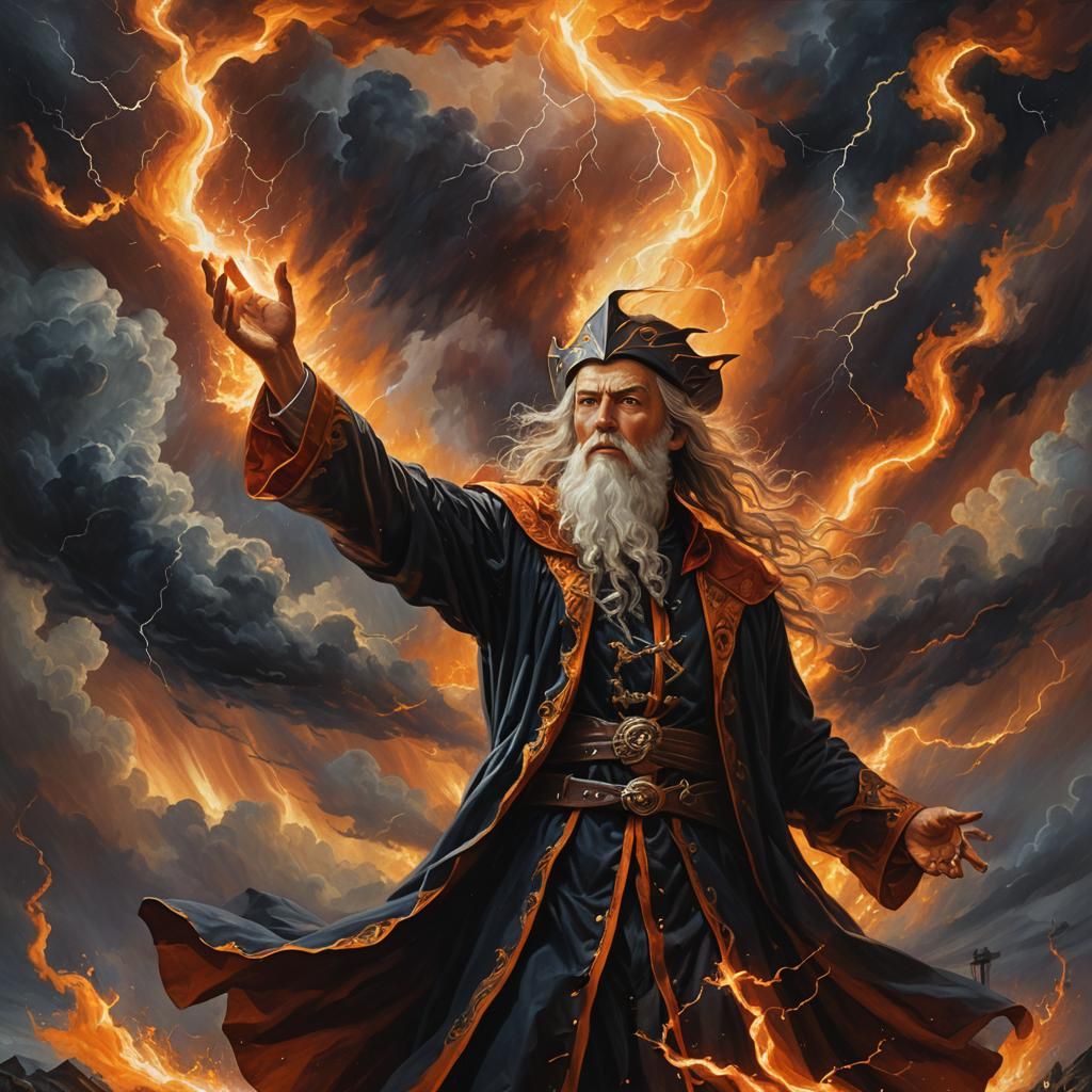 Wizard in Thunderstorm Oil Painting with Fiery Blaze