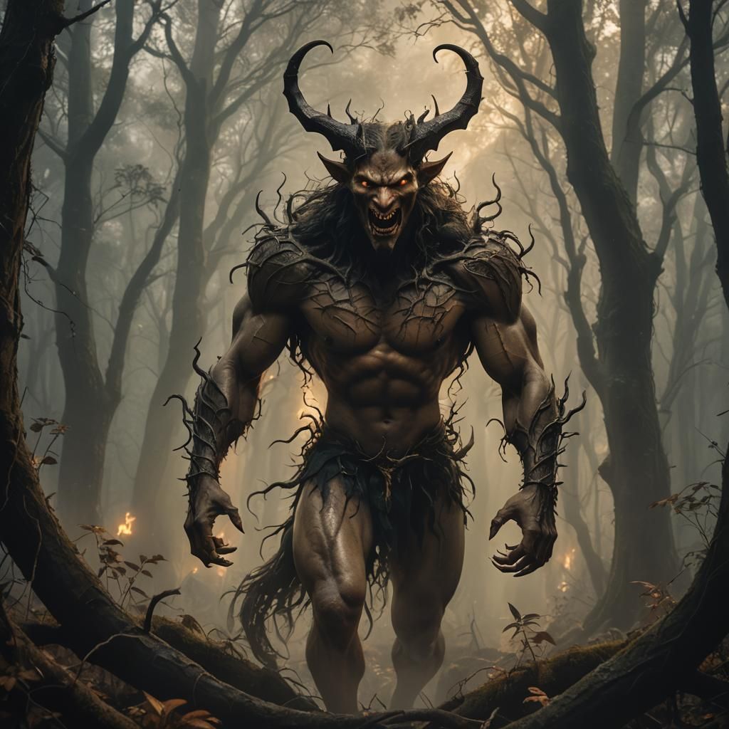 Incubus in Misty Forest: Hyperrealistic Digital Art