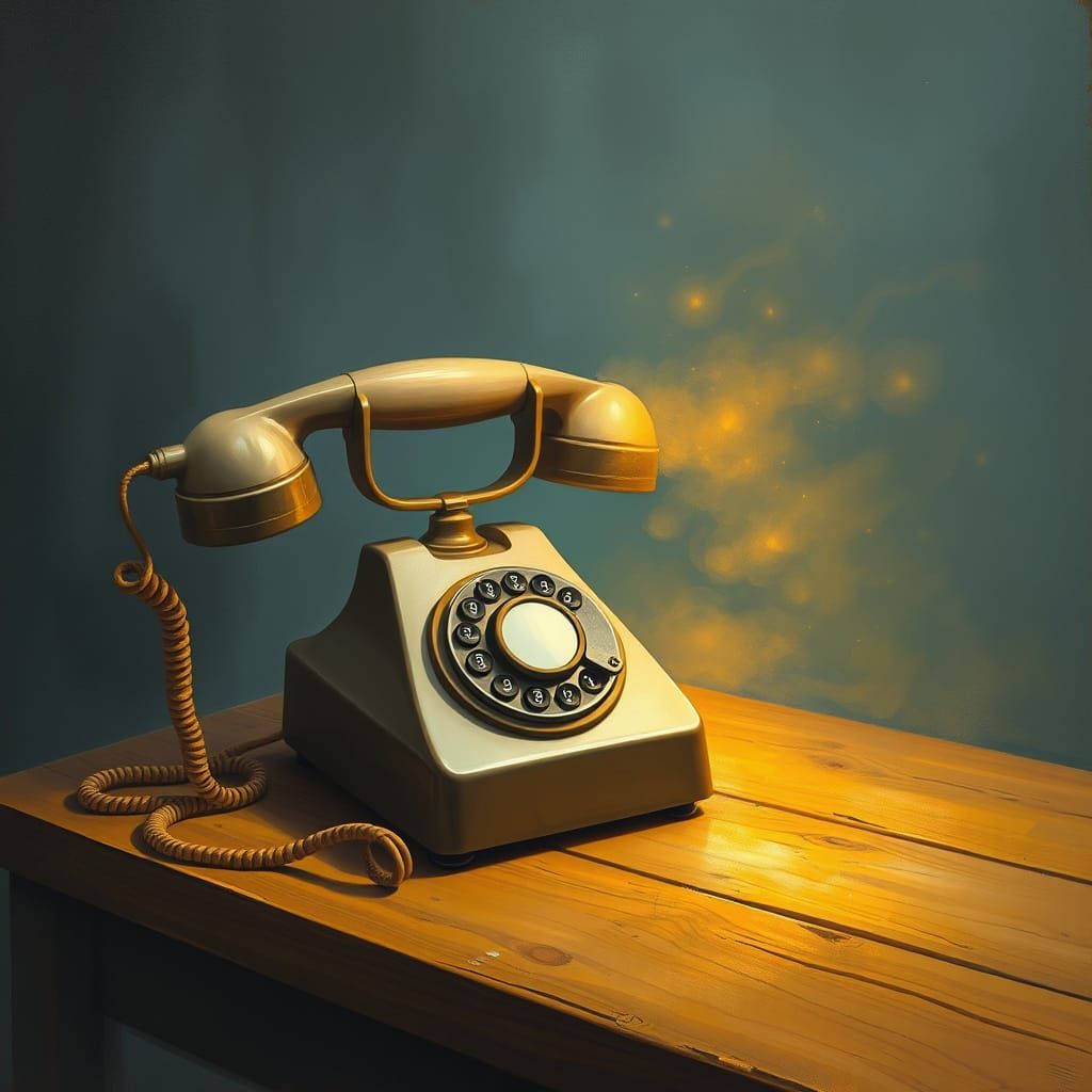 Surreal Ringing Telephone with Golden Light Streaks