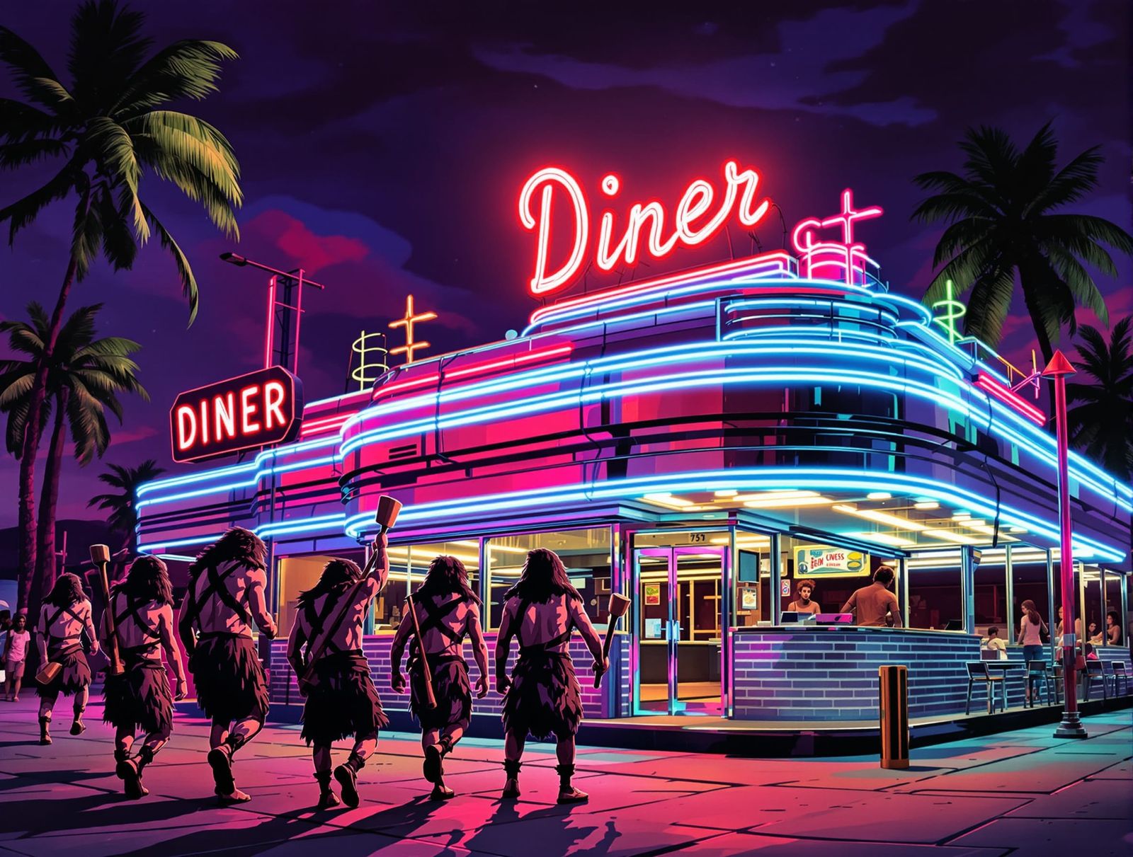 Cavemen Amazed by 1950s Diner in Retro-Futuristic Style