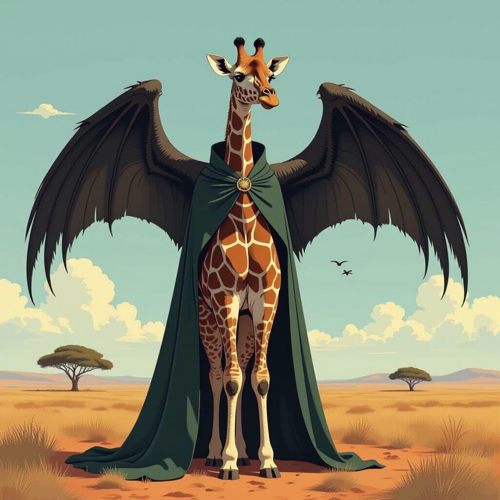 Giraffe with Bat Wings in Surreal Style