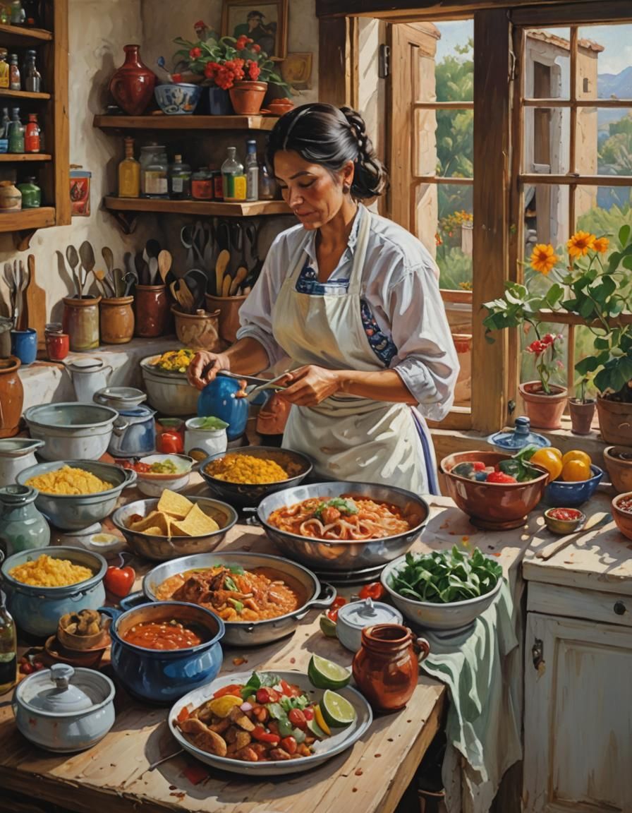 Impressionistic Oil Painting of Mexican Kitchen Scene