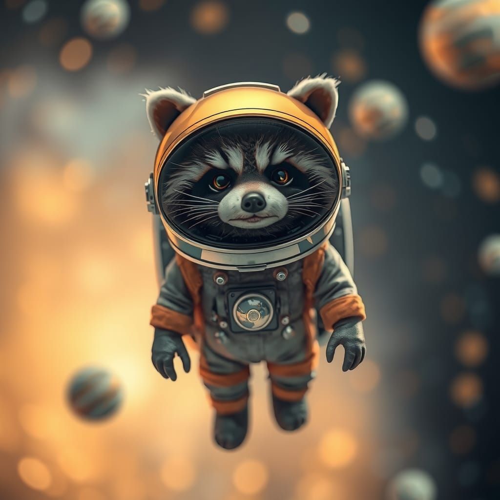 Miniature Raccoon Astronaut in Space, Bokeh Effect