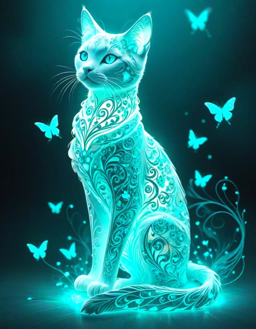 Ethereal Turquoise Cat with Glowing Butterflies
