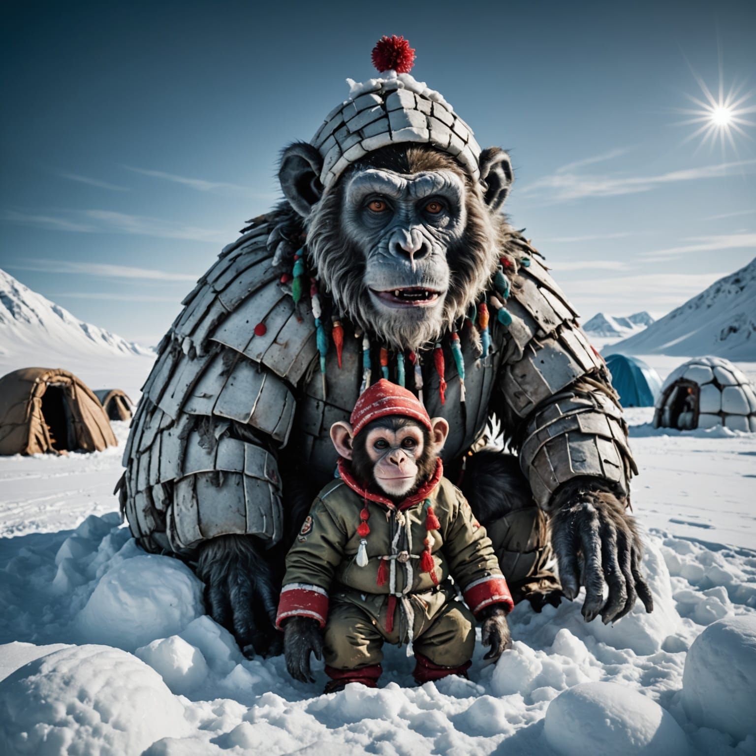 Zombie Monkey Clown in Arctic Snow: Hyperrealistic Image