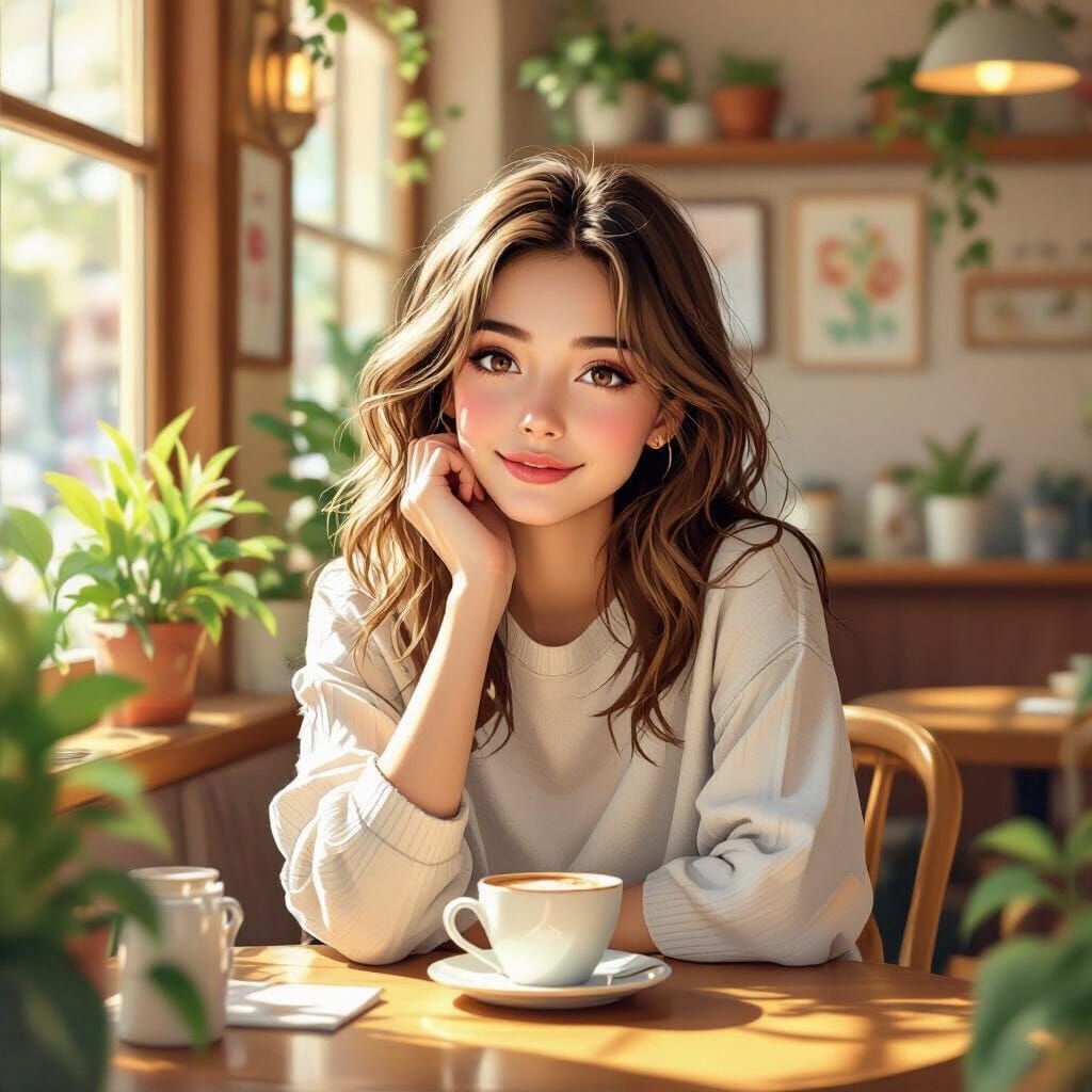 Girl in Sunlit Cafe in Art Nouveau Style