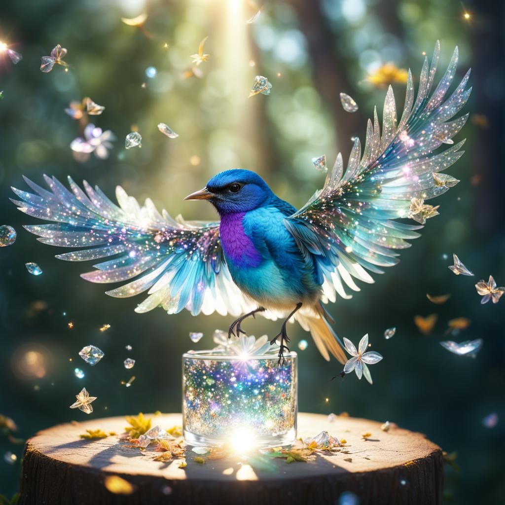Crystalline Bird in Surreal Floral Landscape