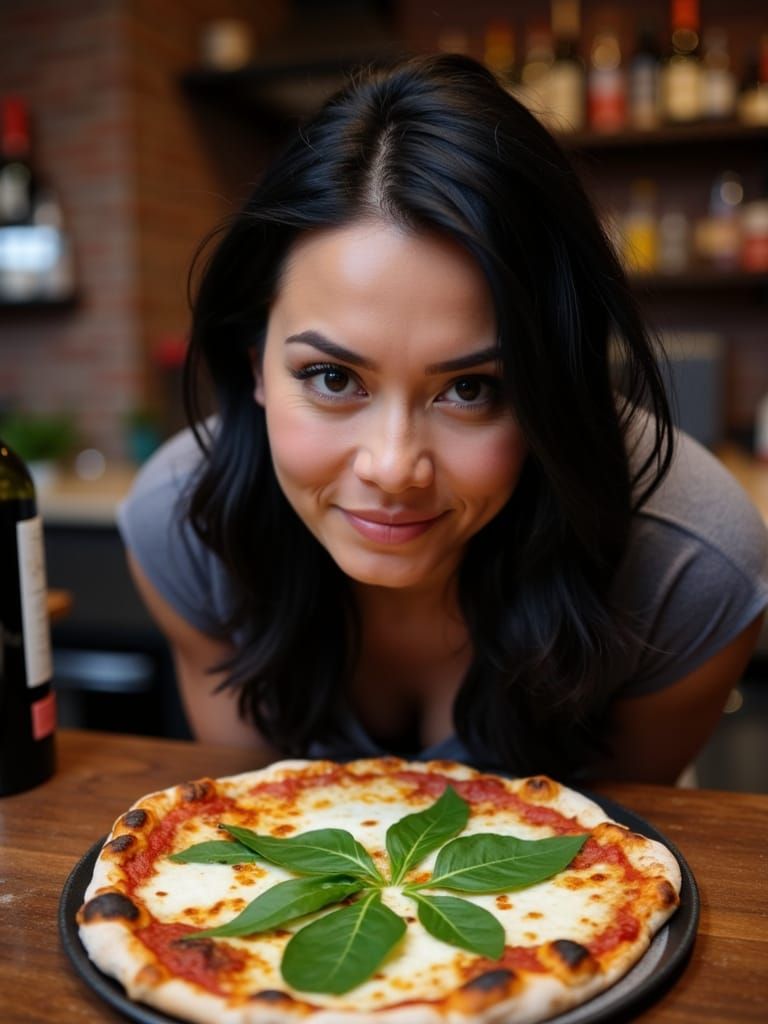 Sensual Woman Admires Naples Style Pizza in a Vintage Italia...