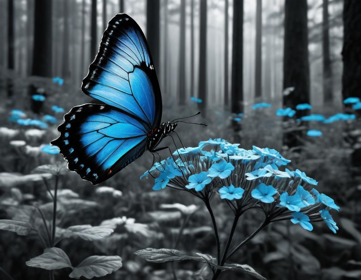 Monochrome Forest with Blue Butterfly