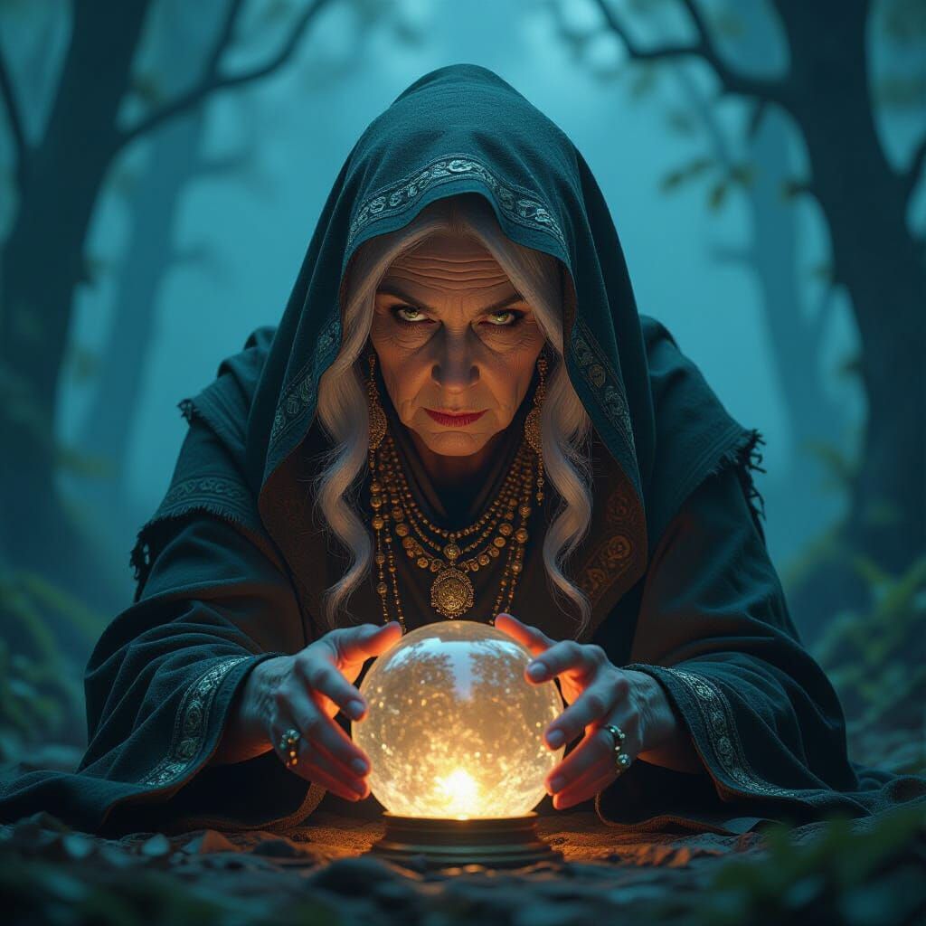 Mystical Hag Gazing into Crystal Ball in Dark Fantasy Style