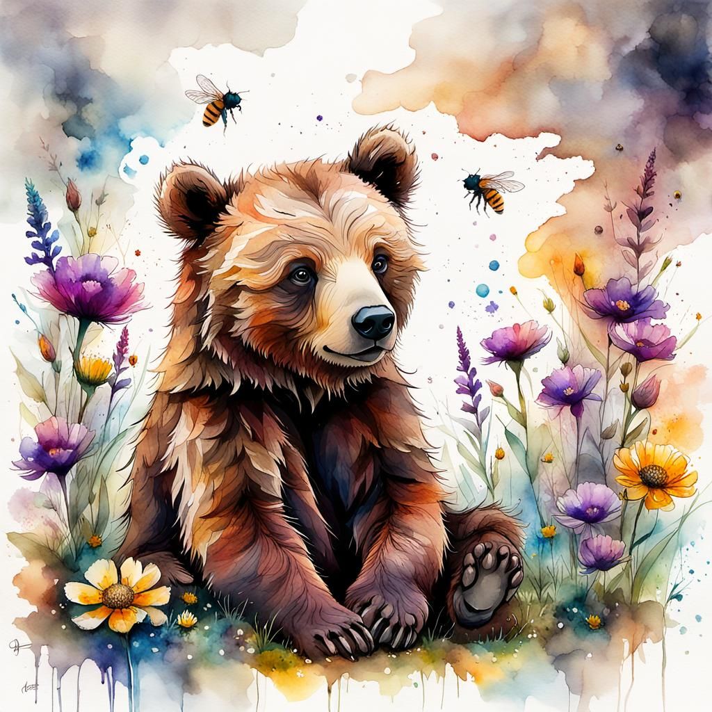 Brown Bear Cub in Wildflower Meadow, Watercolor Style