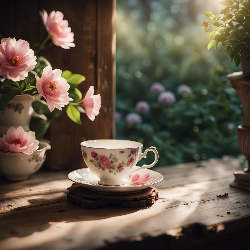 Vibrant Garden Unfolding from Teacup: Cinematic Still