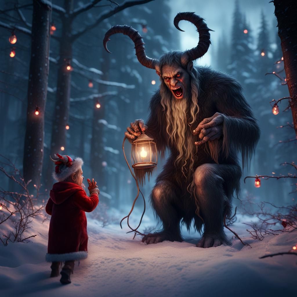 Krampus in Snowy Forest with Christmas Lights