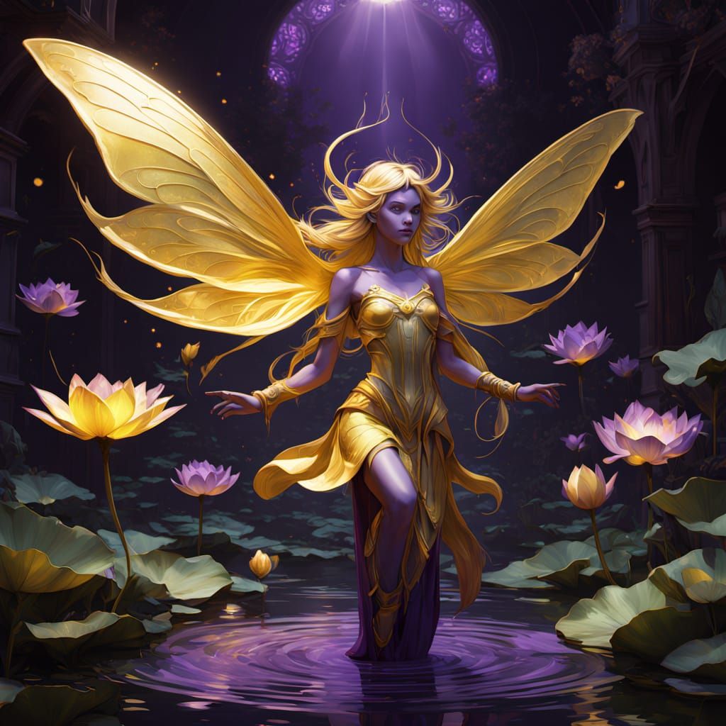 Enchanted Golden Lotus with Shimmering Fairy in a Dark Fanta...
