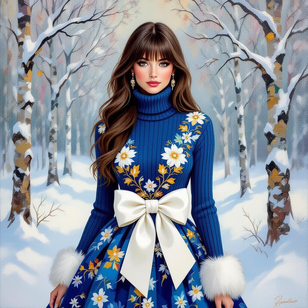 Young Woman in Blue Knit Dress in Snowy Forest