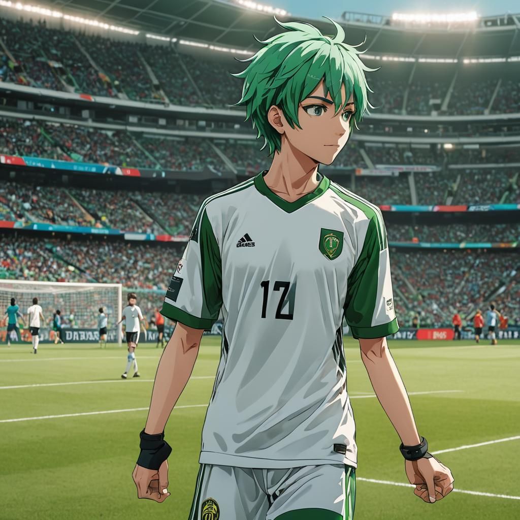 Green-Haired Soccer Player in Anime Style