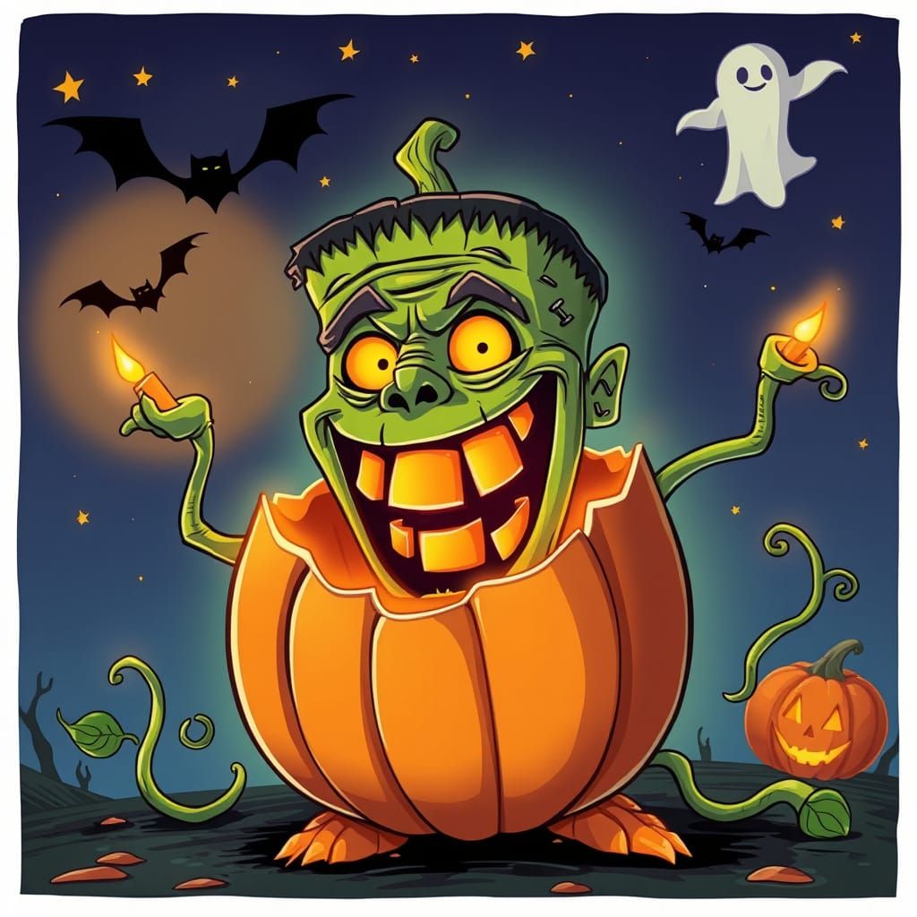 Goofy Frankenstein Pumpkin Monster on Halloween Night