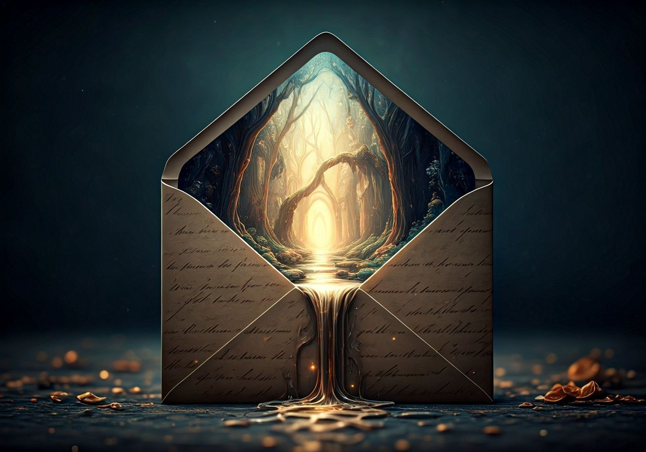 Opulent Fantasy Landscape Escapes Old Envelope, Surreal Art