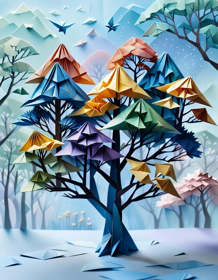 Serene Origami Landscape in Pointillist Gouache Style