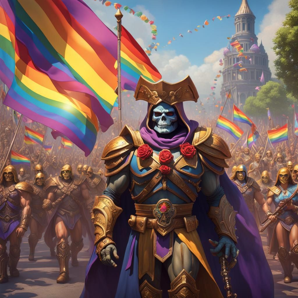 Skeletor leading a pride parade on Eternia.