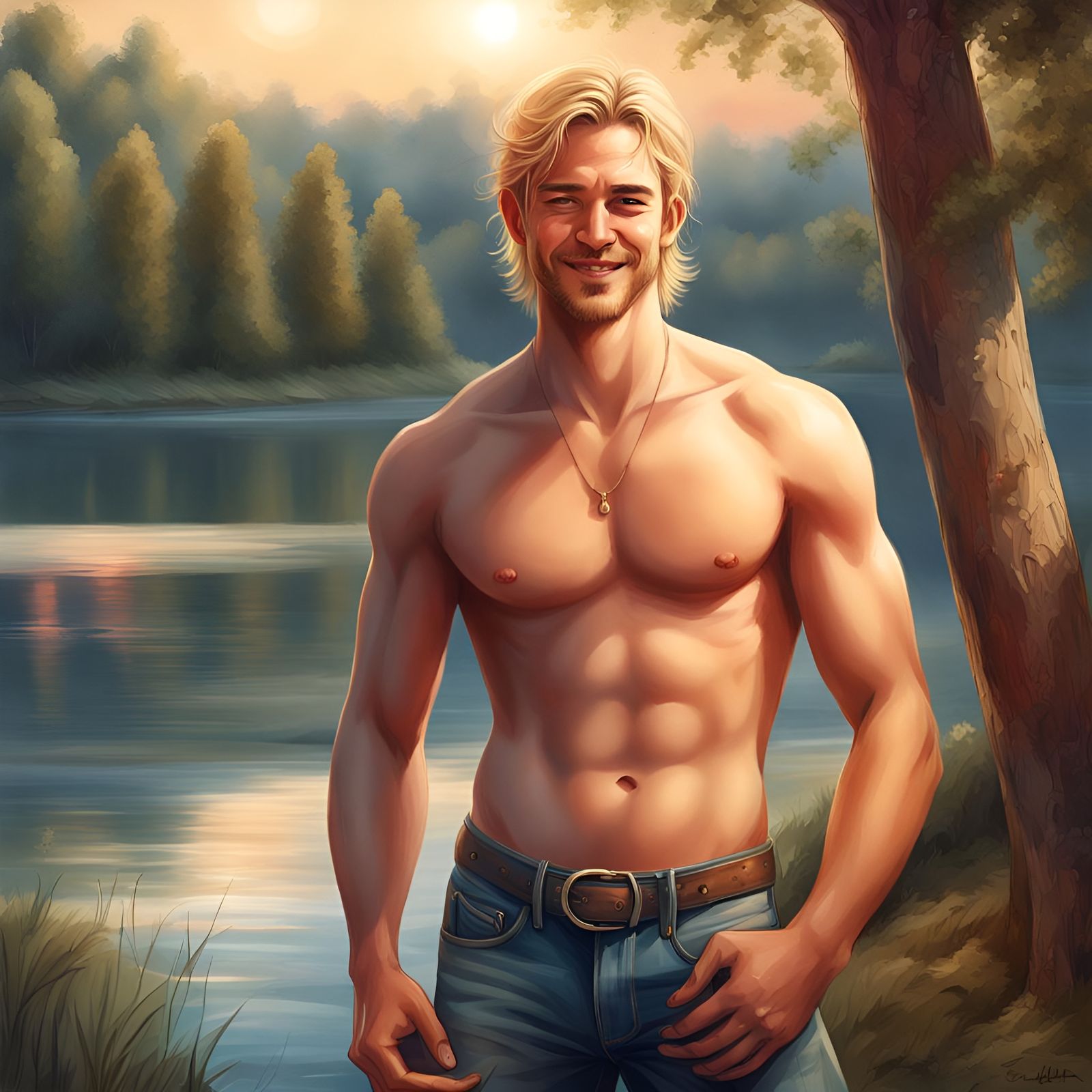 Blond Man Greets Morning at Lake: Hyperrealistic Art