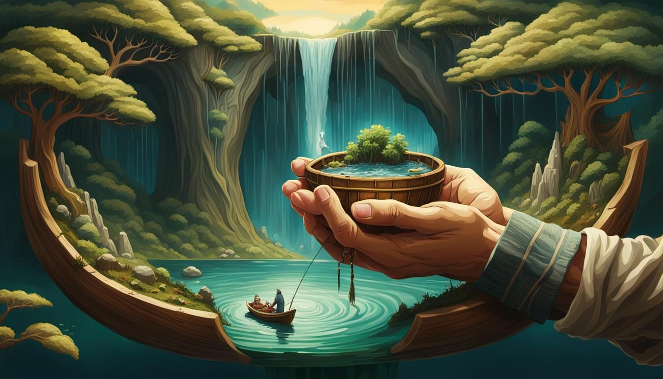 Man Fishing in Magical Celtic Forest Lake