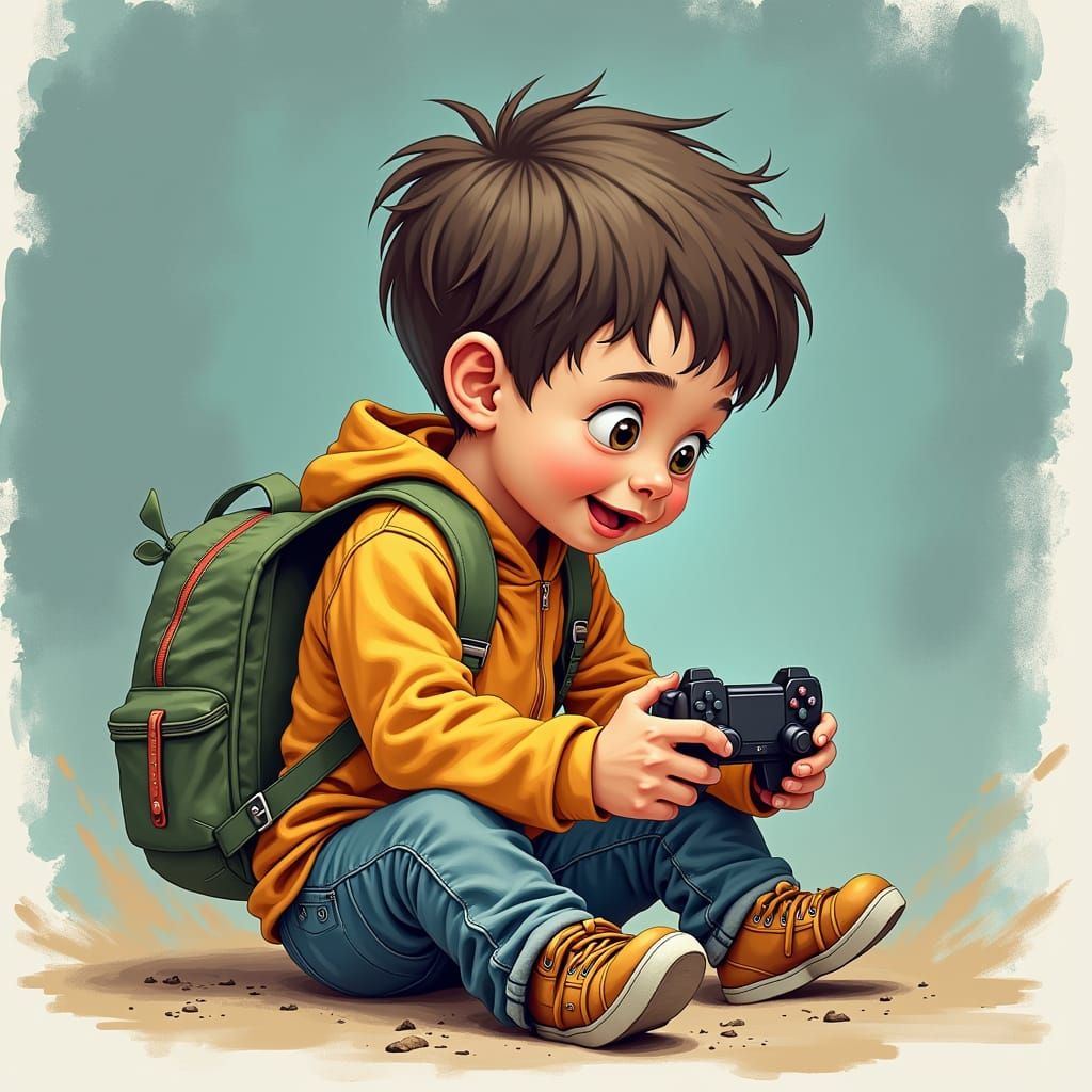 Boy Immersed in Video Games: A Gouache Painting