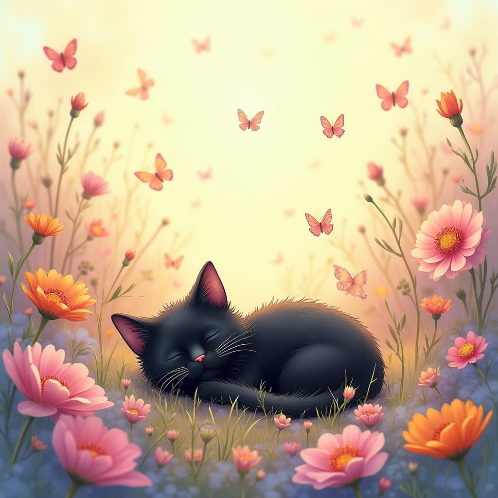 Whimsical Watercolor Landscape with Fluffy Cat and Butterfli...