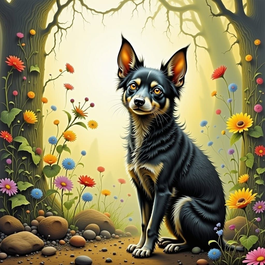 Majestic Dog in Meadow, Arthur Rackham Style