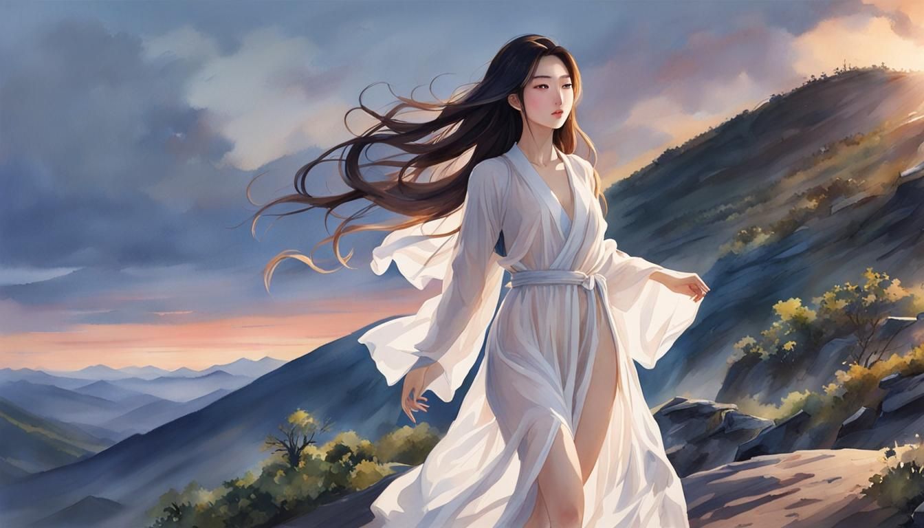 Korean Woman in Watercolor at Twilight