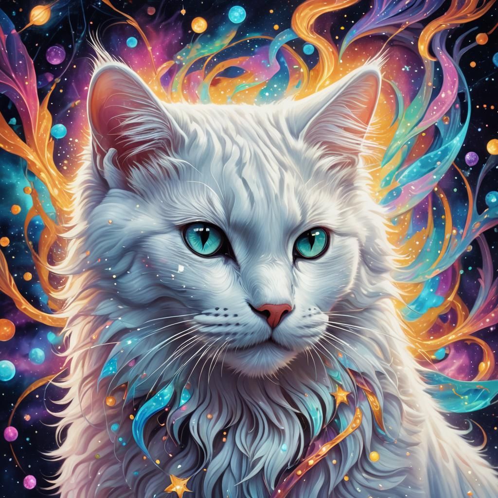Cosmic White Cat in Holographic Astral Illustration