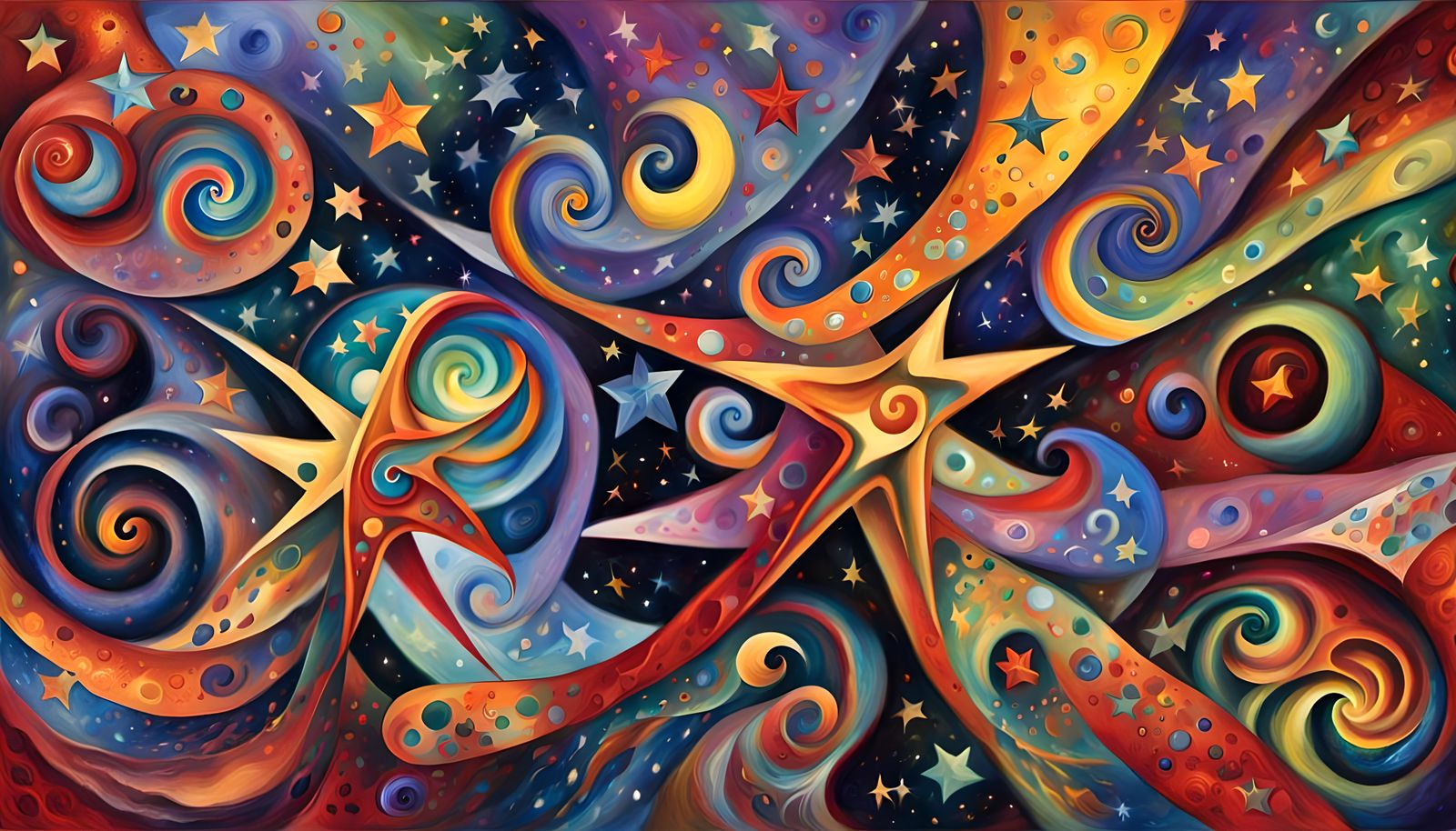 Cosmic Star Beings Dancing in Impasto Oil Style