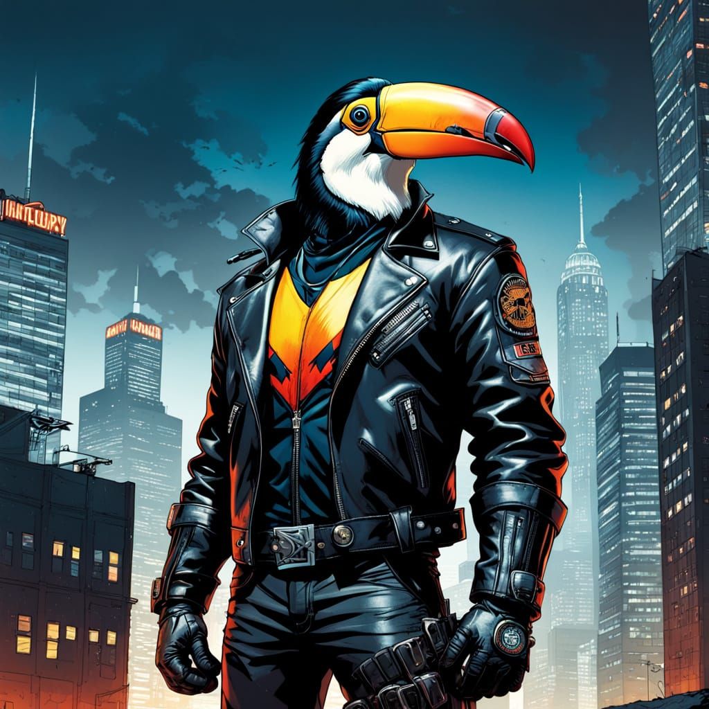 Badass Toucan Biker in Cityscape