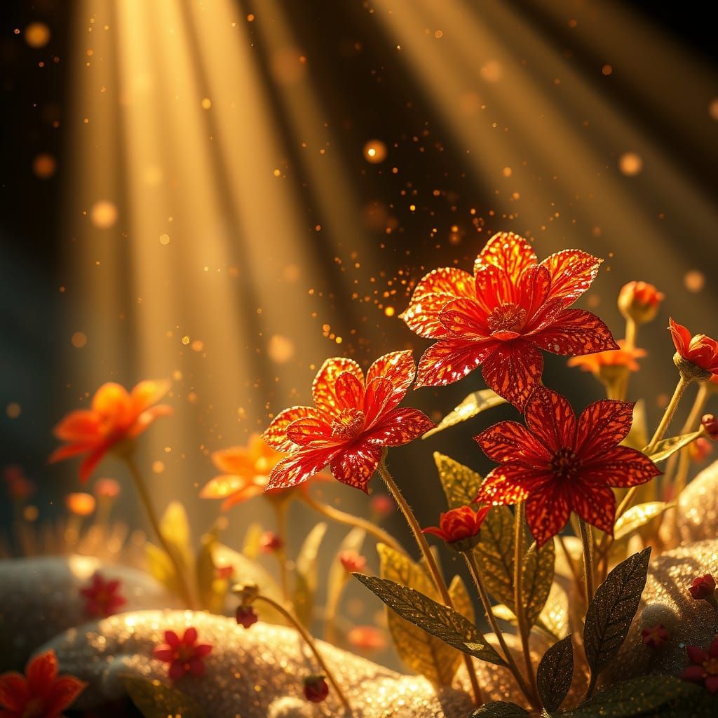 Whimsical Fire Flowers in a Golden, Dreamy Realm