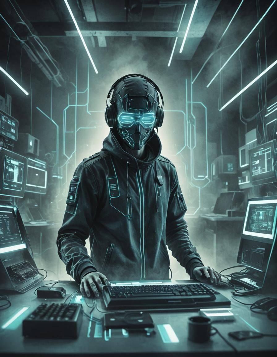 Hacker in Dimly Lit Room: Digital Scrapbook Style