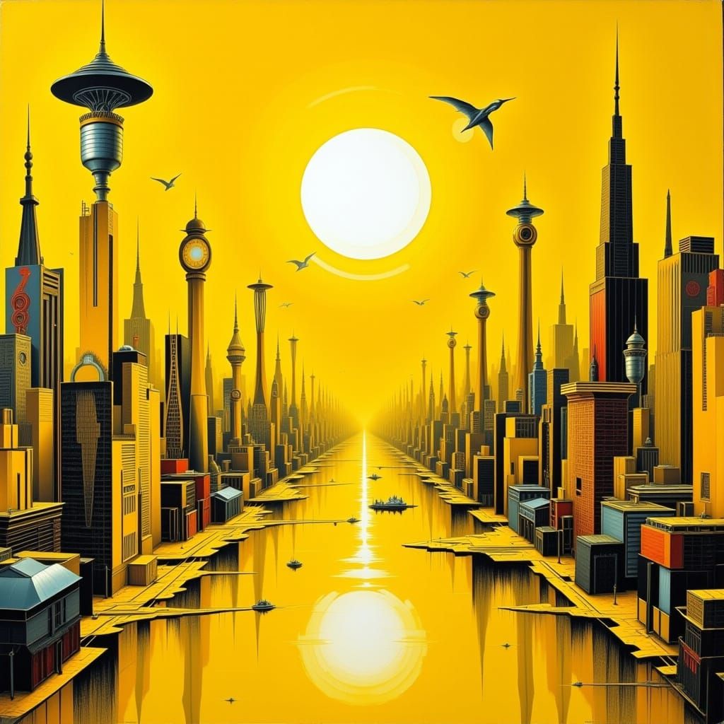 Futuristic Yellow Metropolis in Art Deco Style