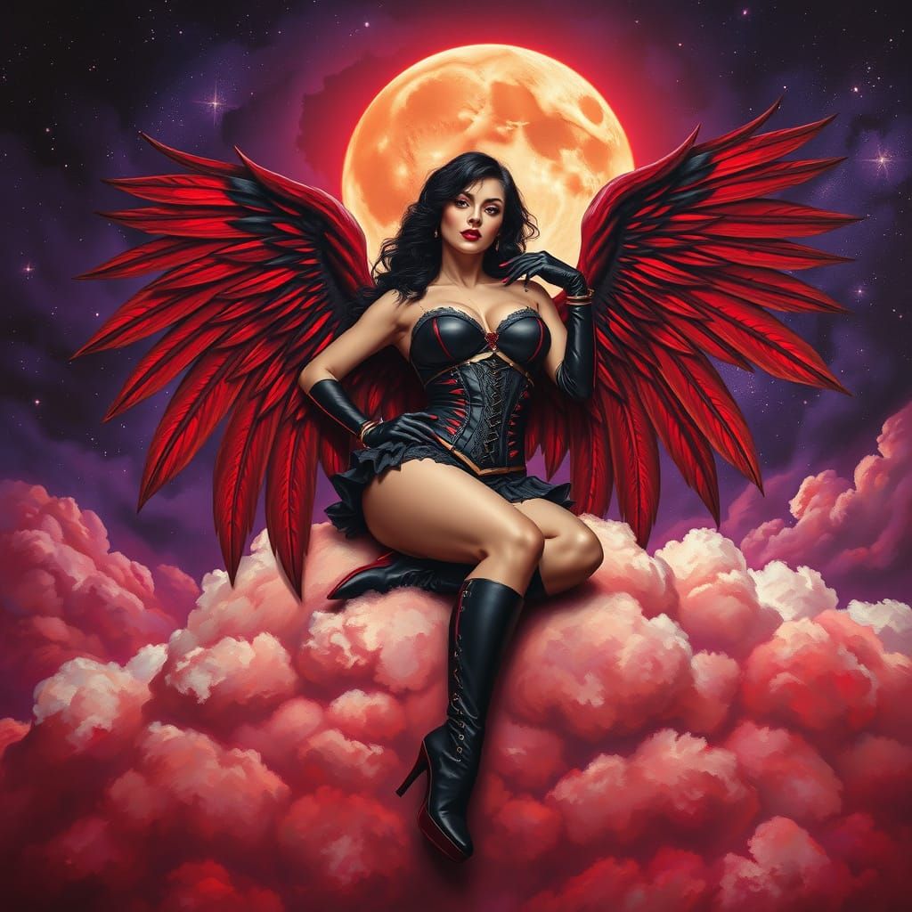 Seductive Fallen Angel in Dark Fantasy Oil Painting