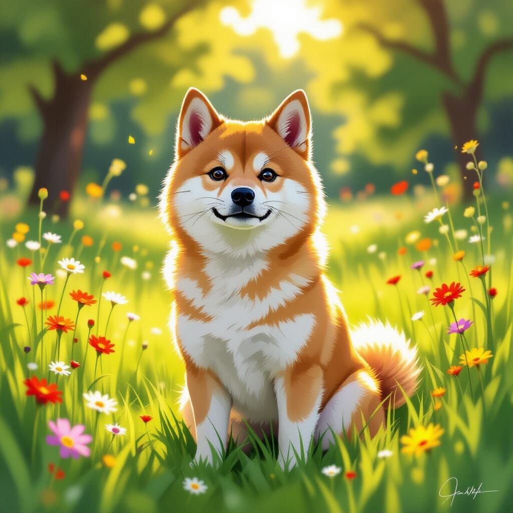 Fluffy Shiba Inu in Sun-Dappled Park, Painterly Style