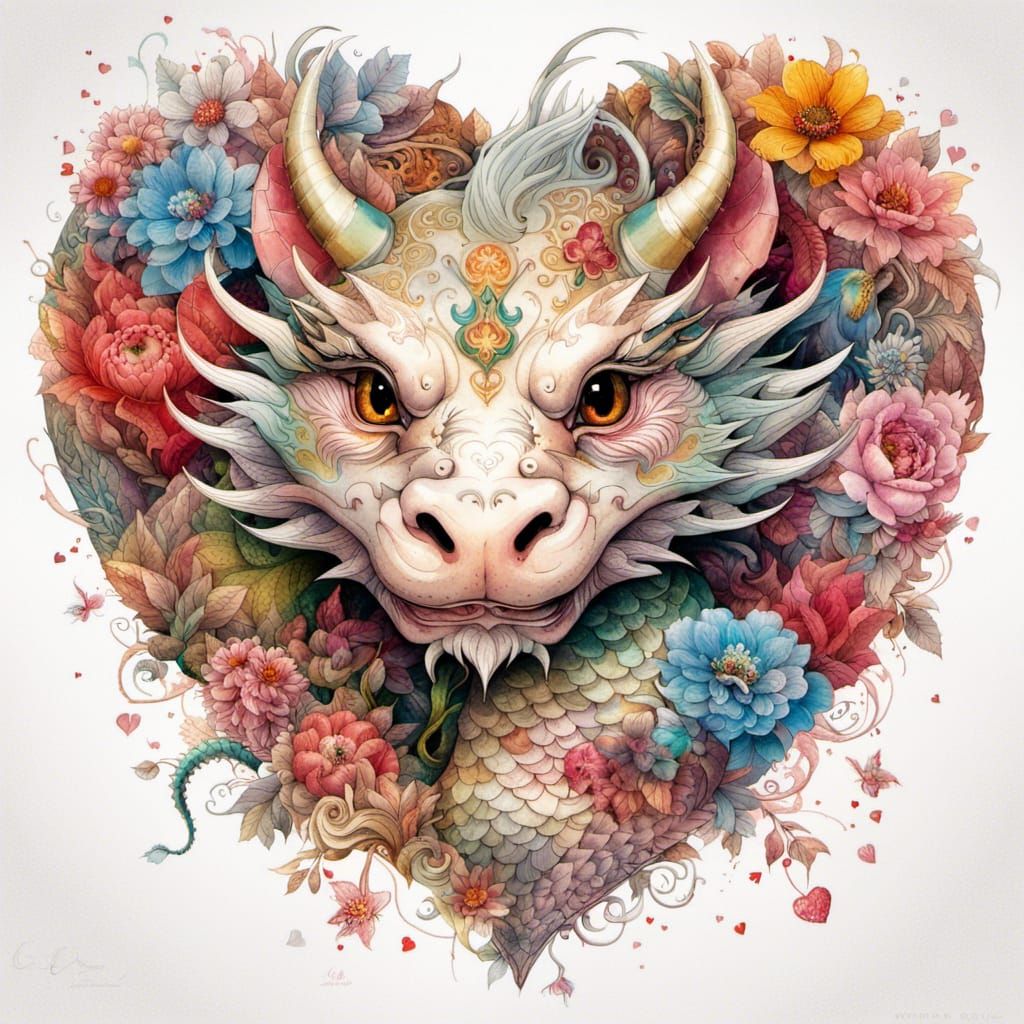 Ornate Dragon Head Portrait with Hearts and Flowers