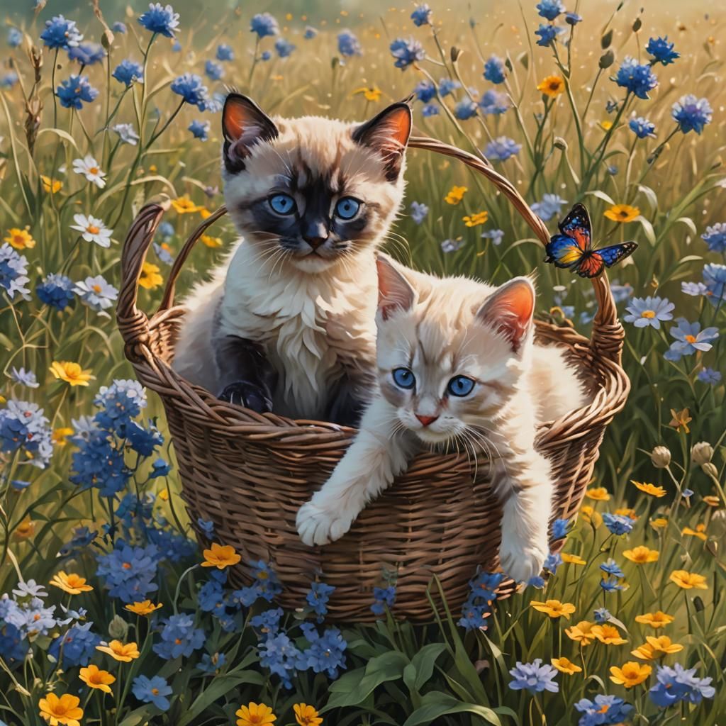 Siamese Kittens Tumbling in Wildflowers: Watercolor Art