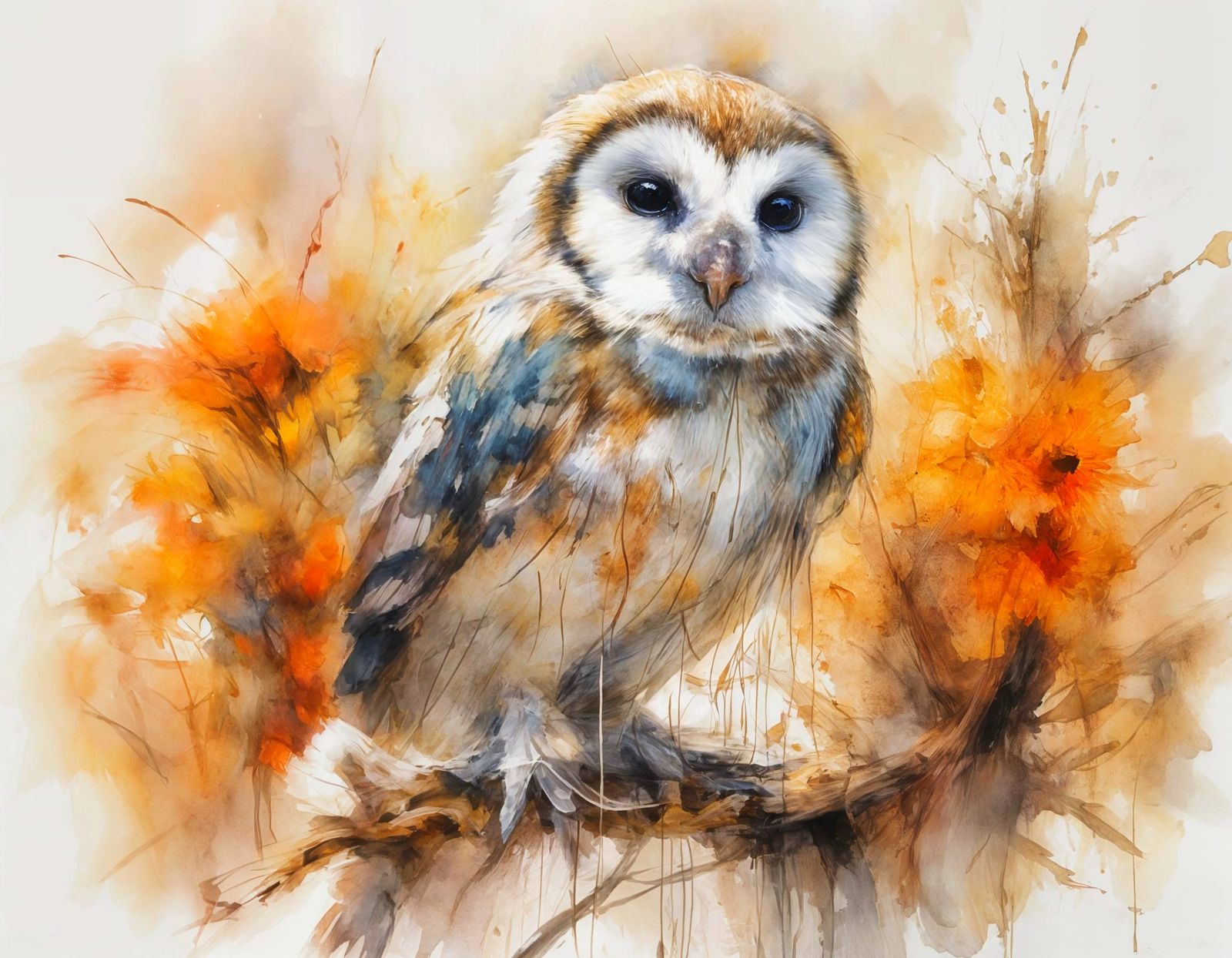 Tiny Owlets in Autumn Forest Neo-Impressionist Oil Painting