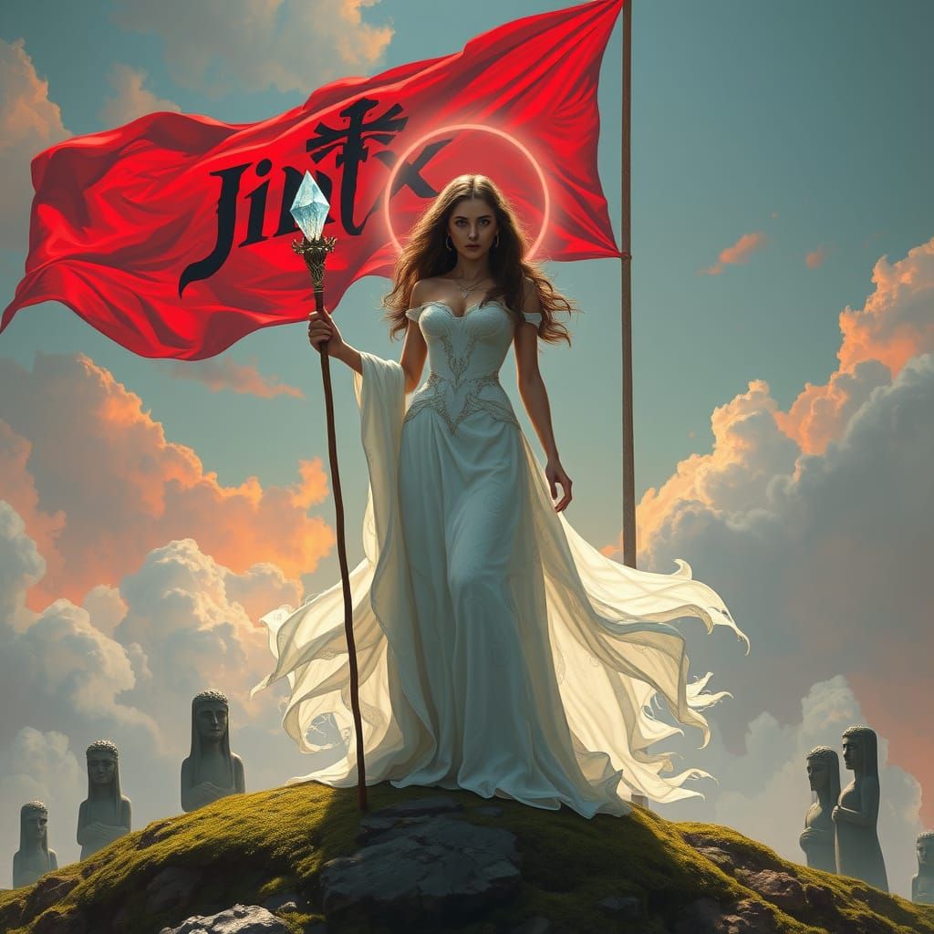 Enchanted Warrior Maiden Stands on Hill of Ancient Statues w...