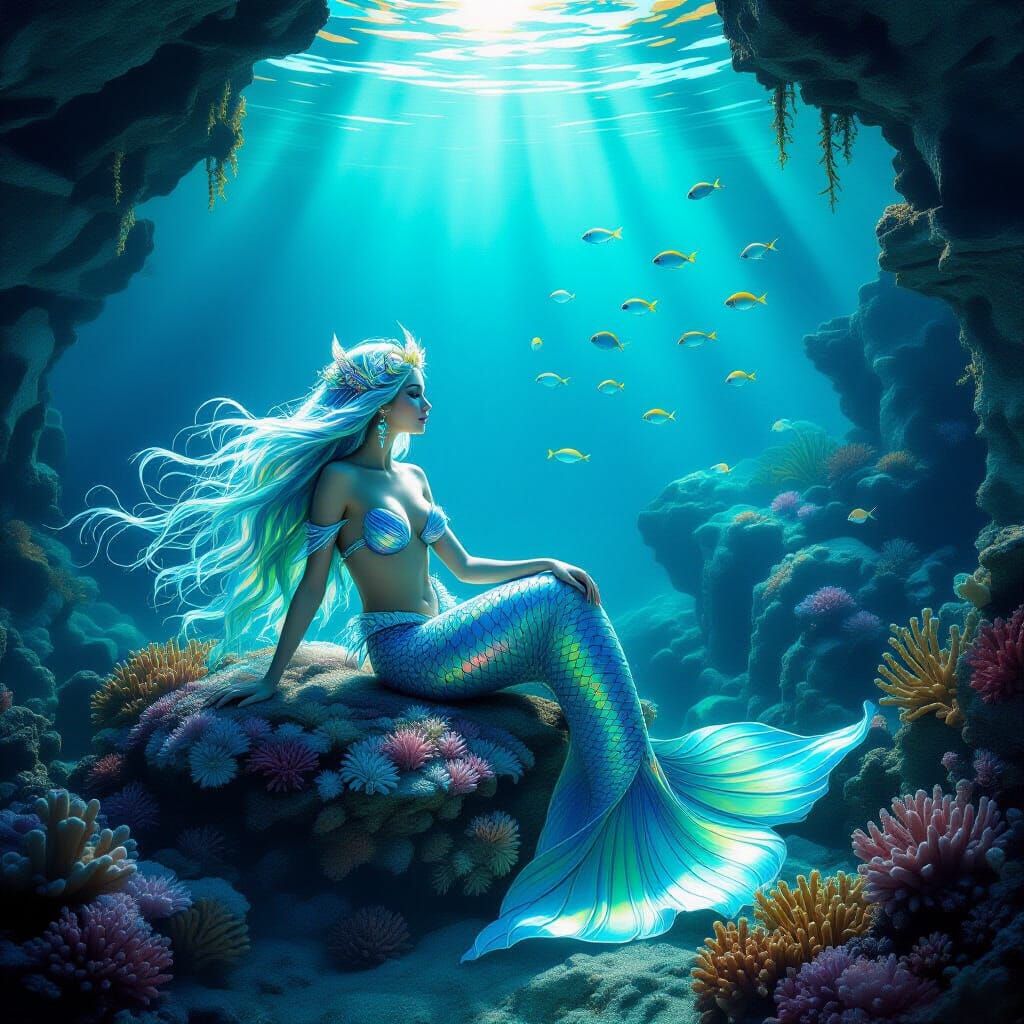 Mystical Mermaid on Luminous Coral in Underwater Grotto
