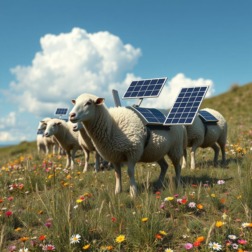 Surreal Sheep with Solar Panels on Hillside
