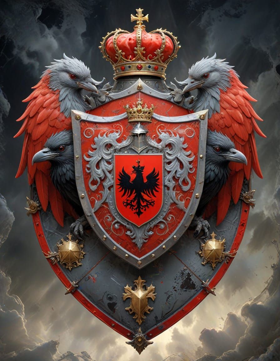Elegant Red Shield with Knights Helmet and Crown