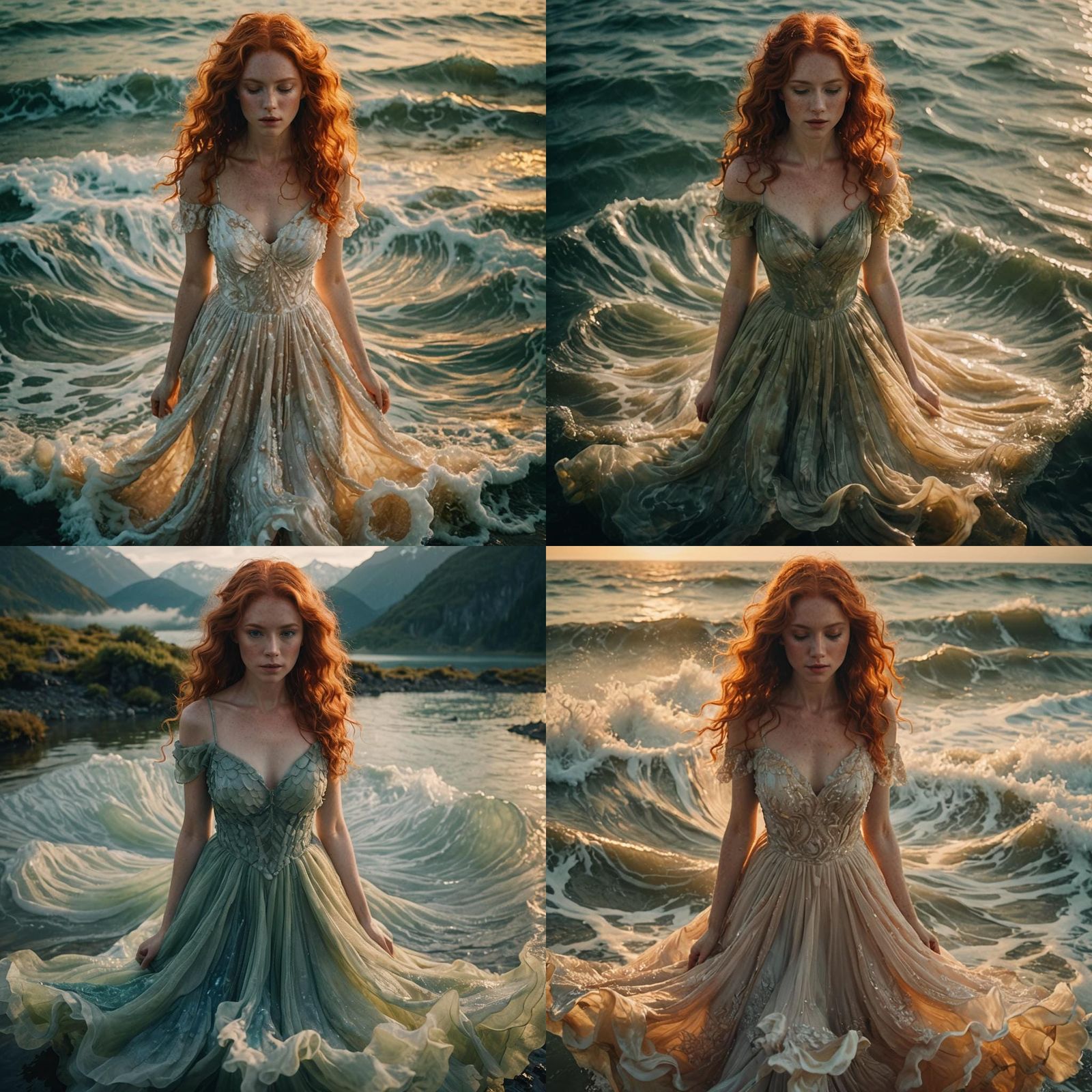 Red-Haired Nymph in Water Dress: Cinematic Still