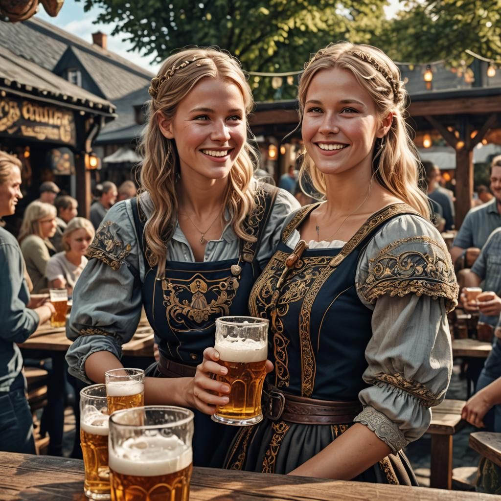 Cozy 3D Beer Garden with Scandinavian Woman