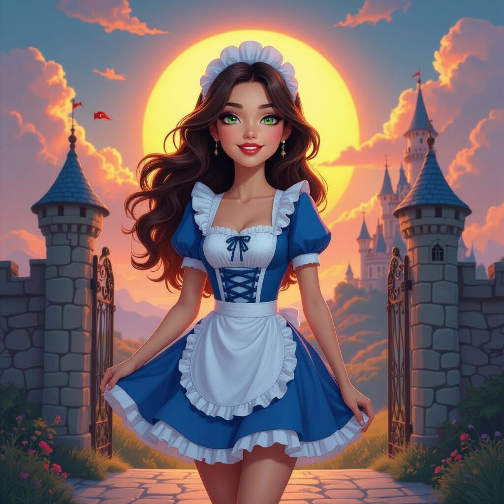 Brunette Girl at Mystical Castle Entrance in 3D Art